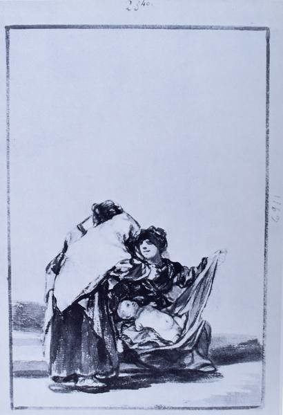 Madre mostrando a dos mujeres un niño monstruoso